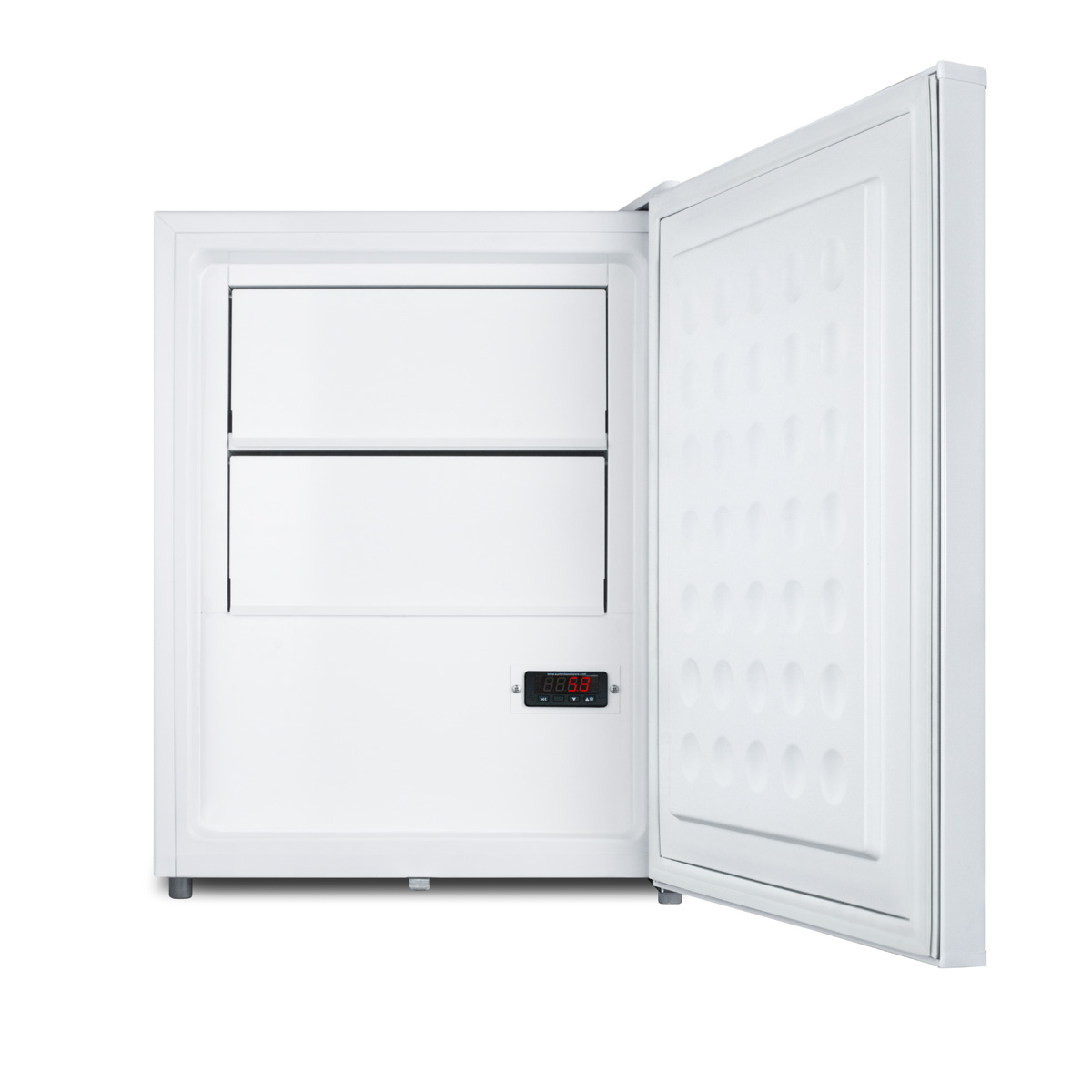 Compact medical all-refrigerator for temperature stable medical storage, with digital thermostat, lock, self-closing door, temperature alarm, and internal fan